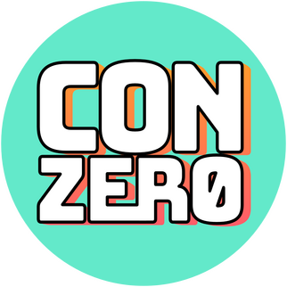 Logo of Convention Zero with white letters outlined in orange and pink. Surrounded by an aqua-blue circle